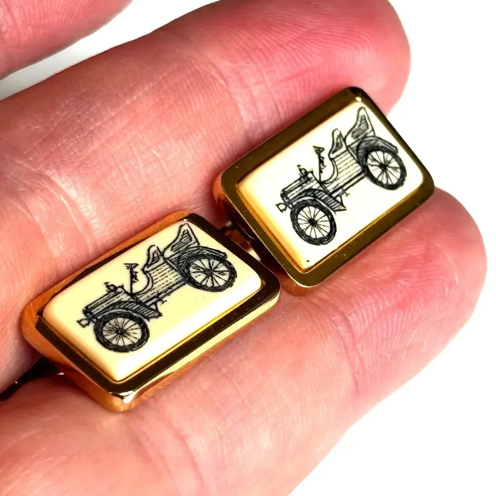 Vintage mid century cufflinks gold & carved look model T cars classic 1960s